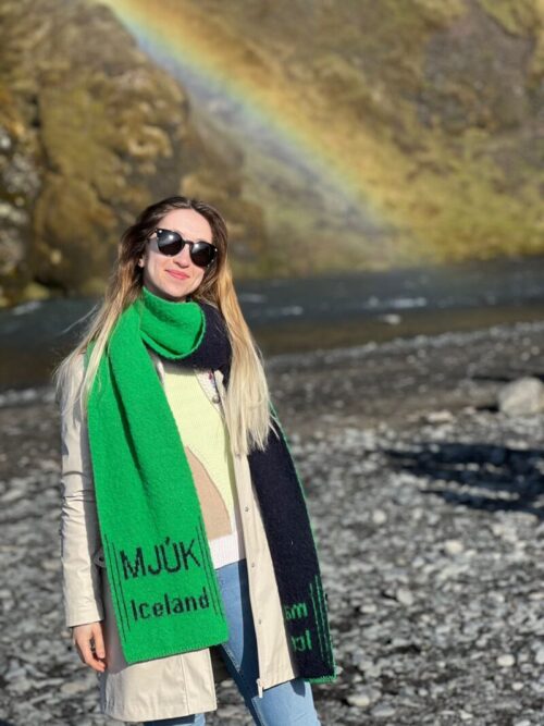 “Sustainable statement/ logomania” scarf. Pure Icelandic wool. Extra large.  Kelly green/ Navy